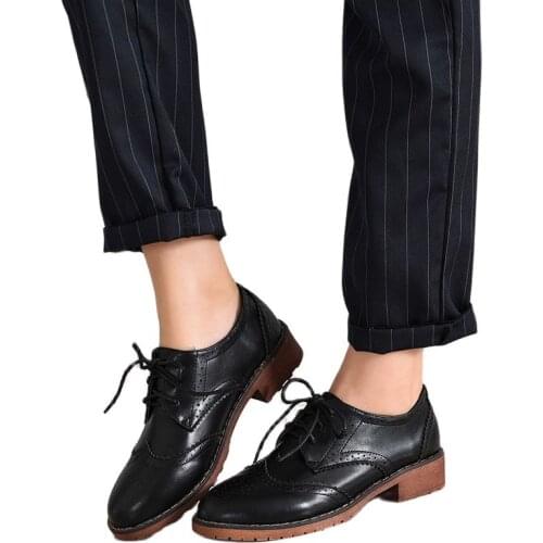 LIHUAMAO old style oxford shoes for women square heel lace up causal work comfortable shoes loafers brogue