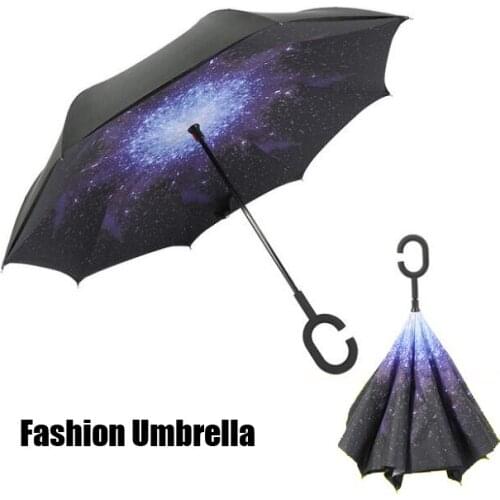 Hot sale Handle Windproof Reverse Folding Umbrella Man Women Sun Rain Car Inverted Double Layer Anti UV Self Stand Parasol