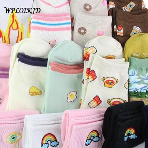 [WPLOIKJD]Creative Harajuku Cotton Funny Socks Women Novelty Embroidery Crew Jacquard Cute Food Socks Sokken Calcetines Mujer