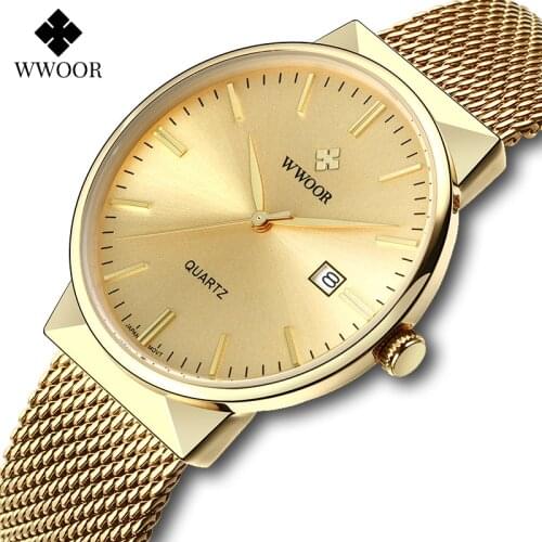 WWOOR Luxury Gold Watch Men Casual Golden Mesh Steel Ultra Thin Waterproof Automatic Date Quartz Wrist Watches Relogio Masculino