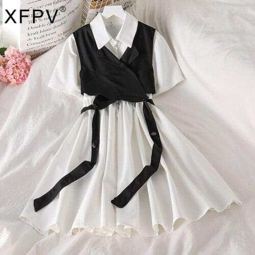 XFPV 2021 Spring New Arrivals V-neck Chain Sleeveless Vest Short Sleeve Turn-down Collar Dress Fashion Women Two Piece Set SJ266
