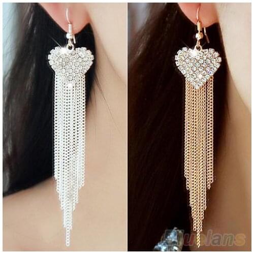 Womens Love Heart Party Long Tassels Rhinestone Hook Dangle Linear Earrings 1SU5
