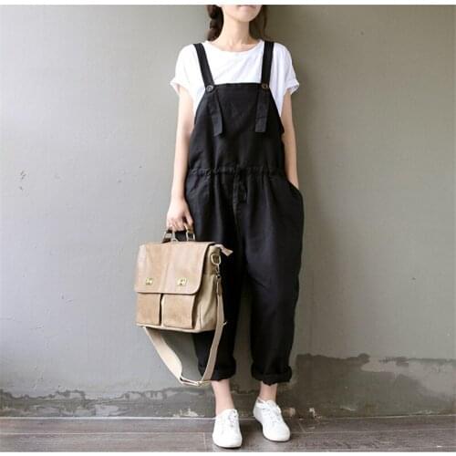 2018 Spring Women Black Rompers Trousers Overalls Cotton Linen Jumpsuits Lady Casual Loose Long Pants Harem Pants Bigsize AB841
