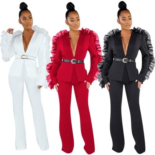 GL Women Winter Womens set Tracksuit Full Sleeve Mesh Patchwork Blazers Pants Suit Two Piece Set Office Lady Outfit uniform 621