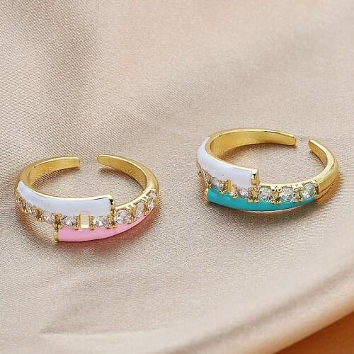 Gold Color Rainbow Fashion Finger Jewelry Prong Set Clear CZ Neon Enamel Open Adjustable Dome Color contrast Ring For Women