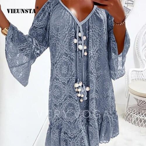 New Fashion Elegant Off Shoulder Women Dress Spring Summer 2021 Sexy V-neck Dress Ladies Vintage Solid Color Lace Party Dresses