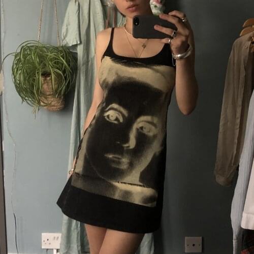Women Fashion Graphic Print Mini Dress Punk Style Gothic Sleeveless Bodycon Dress 90s Vintage Harajuku Streetwear Summer Clothes