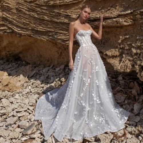 2021 Beach Wedding Dresses Sweetheart Lace 3D Floral Appliqued A Line Wedding Dress Custom Made Vestidos De Novia