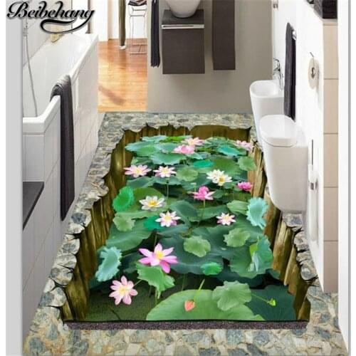 Beibehang Custom floor decoration painting 3D three-dimensional lotus pool floor living room shopping malls flooring wallpapers