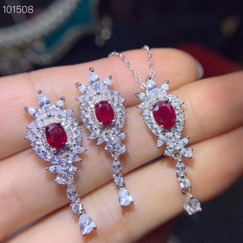 Free Shipping Natural Ruby jewelry set Natural Real Ruby 925 sterling silver 1pc pendant,2pcs Earring
