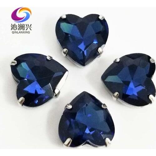 Ink blue heart shape top quality Glass Crystal claw rhinestones,sew on stone with holes for Diy Clothing accessories SWH21