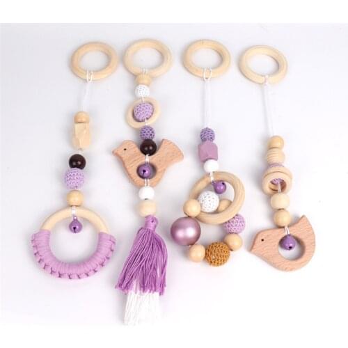 Baby Wooden Rattle Teether Toys Hanging Play Gym Beech Beads Animal Pendant Teether Toddler Nursing Stroller Toys 0-12 Months