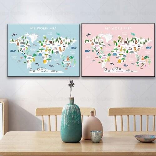 Woodland Animal World Map Poster Art Prints Nursery Decor Watercolour Educational Children Canvas Painting For Kid Room Wall Art