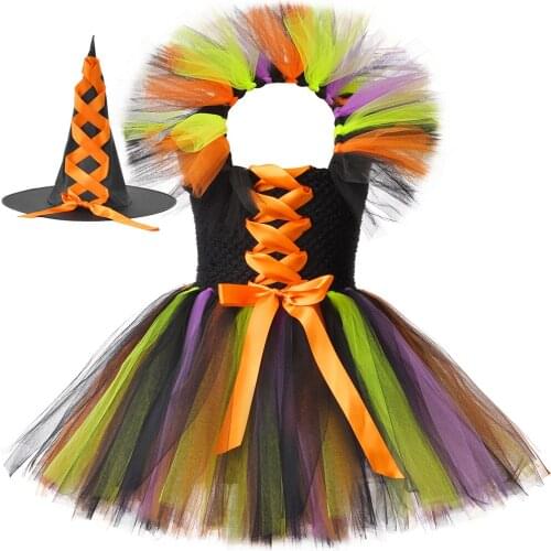 Girls Witch Tutu Dress for Kids Halloween Carnival Party Cosplay Costume Fancy Girls Tulle Ball Gown Dresses Children Clothing