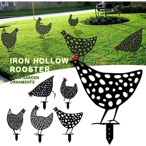 Metal Iron Chicken Statue Outdoor Yard Garden Insert Art Decoration Ornament Adorable Chickens With Hollow Design