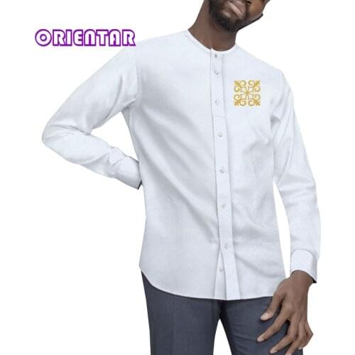 Fashion Style African Clothes Mens Shirt O-neck Long Sleeve Tops with Chest Applique Custom Made Party Dashiki for Men WYN1708