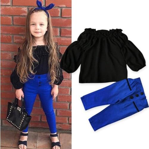 Fashion kid baby girl clothes set Autumn Newborn Baby Kids Girl Off Shoulder Outfit Clothes black Tops + blue Pants