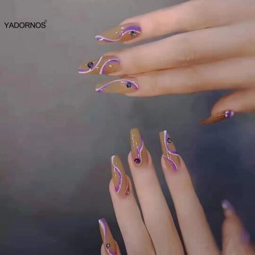 24pcs stick on nails Purple Lines Nail Patch Glue Type Removable Long Paragraph Fashion Manicure Save Time False Nail Patch TY