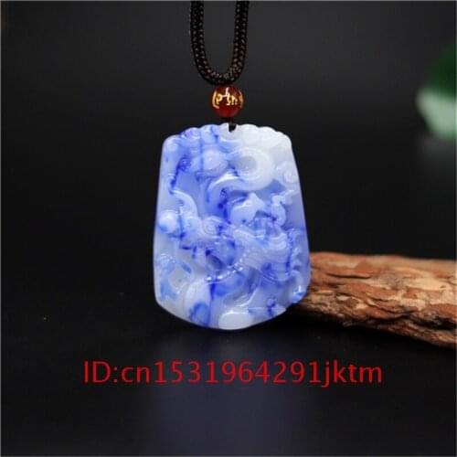 Natural for Pendant Charm Fashion Carved Amulet Jade Chinese Women White Necklace Jadeite Jewelry Men Gifts Hand Dragon Blue