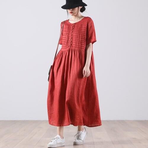 21New Women Dresses Summer Mori Girl Style Solid Color Loose Fold Buttons Female Ramie Long Dress Thin Tide