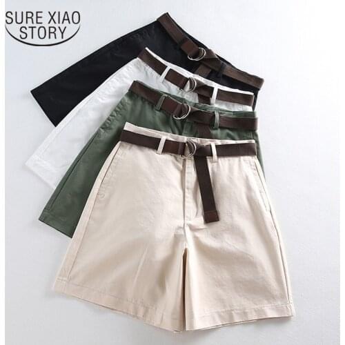 Women Summer Shorts Loose High Waist 2021 Casual Female Solid A-line with Belt Feminine Thin Ladies Wide Leg Shorts 7411 50