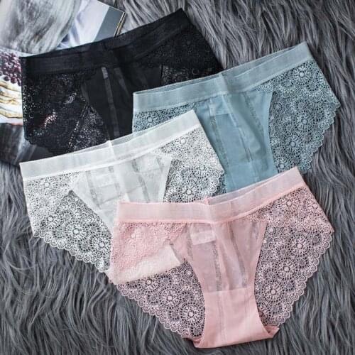 Sexy Seamless Ice Silk Panties For Women Transparent Lace Flower Ultra-Thin Briefs Underwear Female Soft Breathable Underpants