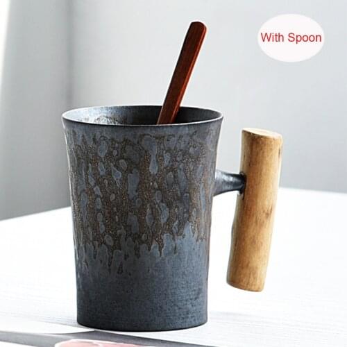 Japanese-style Vintage Ceramic Coffee Mug Tumbler Rust Glaze Tea Cup with Spoon Wood Handle Water Cup Home Office Drinkware