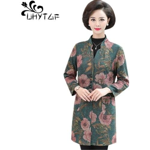 UHYTGF Windbreaker women 2020 fashion printing mid-length casual spring autumn trench coat for women thin 5XL plus size coat 991