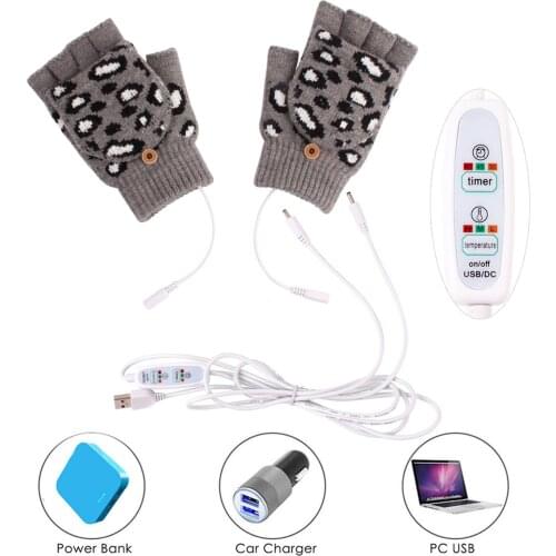 Laptop computer ladies men USB heating keep warm gloves full finger and half finger winter warm knitted leopard print cold glove