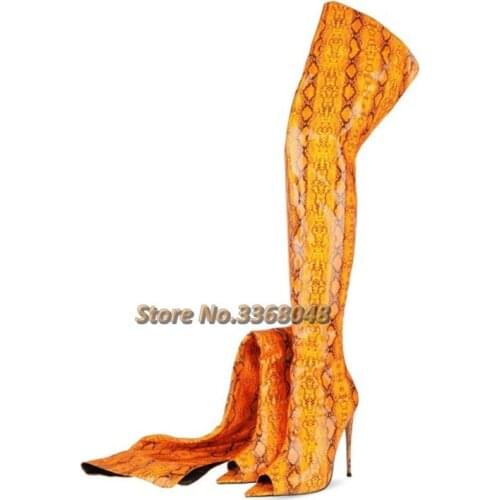 Snake Skin Peep Toe Zipper Boots Over The Knee Runway Ladies Shoes Thin High Heel Pointed Toe Spring Autumn Boots