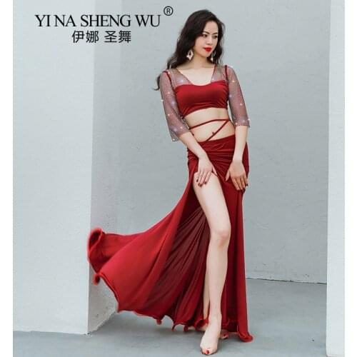 Sparkle Belly Dance Costume Women 2 Piece Oriental Dance Outfit Mesh Half Sleeve Ice Fiber Skirt Sexy Show Wear Red Black Set