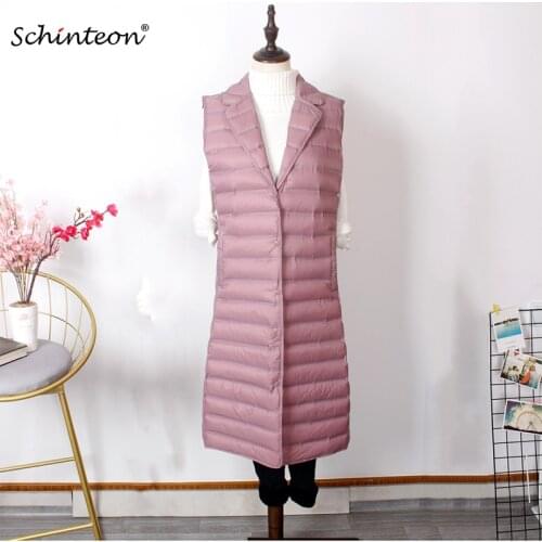 Schinteon Women Ultra Light Down Long Vest Casual Turn-Down Collar Loose 90% White Duck Down Waistcoat New Arrival High Quality