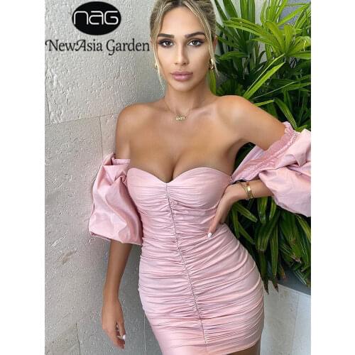 NewAsia Garden Sexy Off Shoulder Party Dress Women Sweetheart Neckline Lantern Sleeve Ruffled Ruched Dresses Bodycon Pink Dress