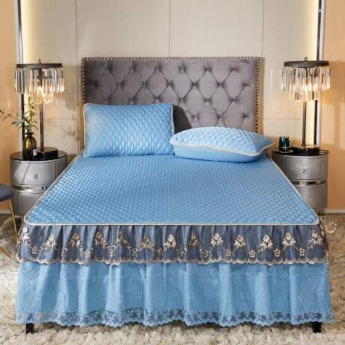 2020 new products Cold silk quilted mat Bed spread Fitted Sheet Pillowcases 2/3 pcs Solid Lace embroidery princess Bedding