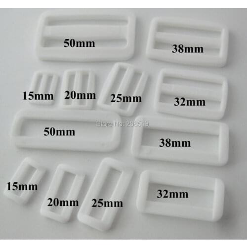 50pcs Adjustable Square Buckle 15mm/20mm/25mm/32mm/38mm/50mm White Plastic Buckles fitting Bags/garment/sewing supplies