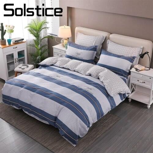 Solstice Home Textile Blue Stripe Lattice Bedding Sets 100% Cotton Kid Teen Boy Girl Linen Duvet Cover Pillowcase Bed Sheet 4Pcs