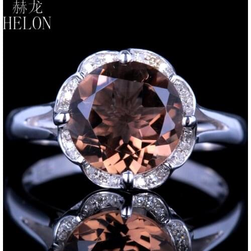 HELON Solid 14K White Gold Flawless Round 9mm Genuine Smokey Quartz Diamonds Engagement Wedding Ring For Women Fine Jewelry