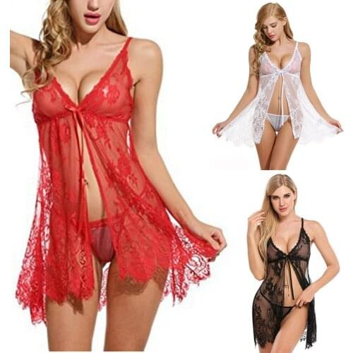 Transparent Suspender Lingerie Set Women Erotic Underwear Ladies Flower Lace Babydoll Deep V-Neck Bow Nightwear+Thong Nightgown