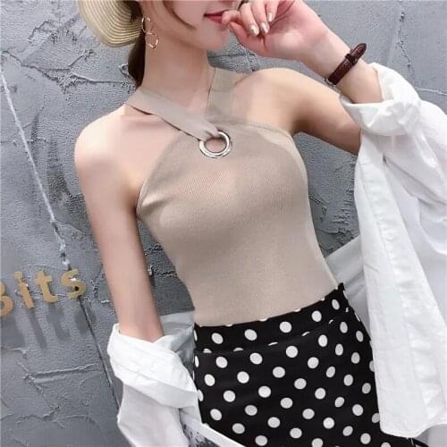 Sexy Camis Slim Women Tank Tops Summer Hollow Out Streetwear Sleeveless Halter Top Solid Color knitting Basic Female Vest