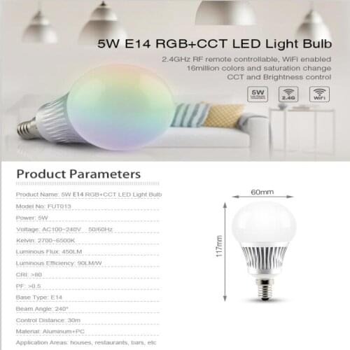 Mi Light 2.4G Led E14 RGB+CCT LED Bulb AC85-265V 5W E14 RGB+CCT LED Light Bulb warm whtie to white color LED Dimmable bulb