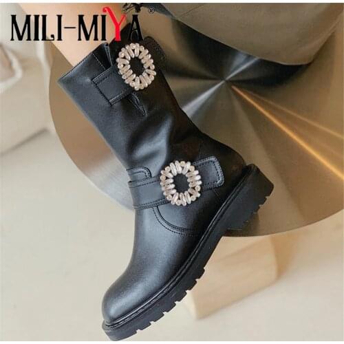 MILI-MIYA Comfortable Round Toe Women Cow Leather Ankle Boots Crystal Buckle Square Heels Zipper Fashion Street Shoes For Ladies