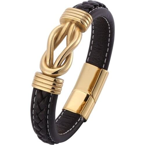 Trendy Men Jewelry Brown Leather Bracelets Handmade Irregular Winding Graphic Stainless Steel Magnet Clasp Bracelet Gifts PD0768