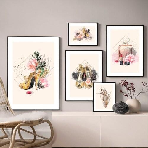 Pink Flower Perfume Fashion Poster High Heels Makeup Print Canvas Art Painting Wall Picture Modern Girl Room Home Decoration