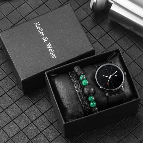 Keller & Weber Watch Set with Lava Bead Leather Rope Bracelet Casual Quartz Mens Wristwatch Birthday Gift Sets Present Box