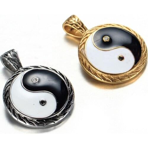 Mens Hip Hop Gold Amulet Yin Ying Yang Pendant Necklace Stainless Steel