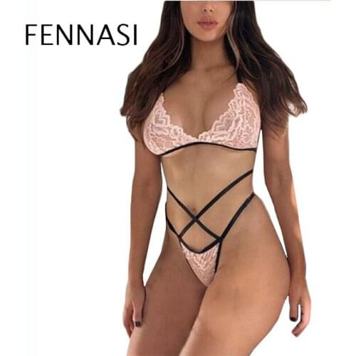 FENNASI 2021 New Sexy Womens Underwear Lace Erotic Lingerie Set Transparent Strappy Bra Female Three-Point
