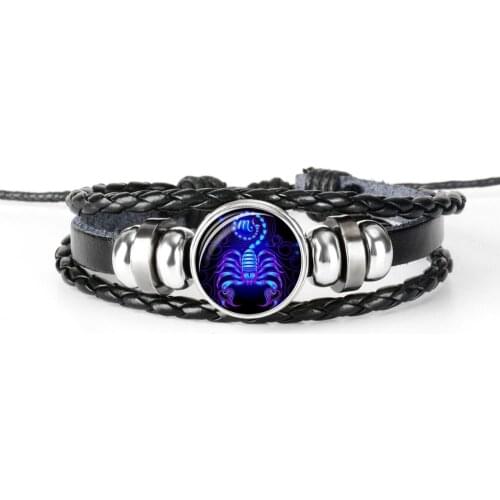 New 12 Constellation Zodiac Sign Black Braided Leather Bracelet Leo Taurus Gemini Woven Glass Dome Jewelry Punk Men Bracelet