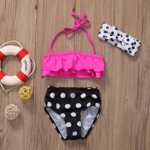 New 3PCS Baby Girls Dots bikini set Summer Swimwear Bathing Suit Kids High Wasit Swimsuit Bikini Set