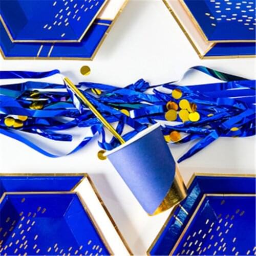 Gold Foil BlueDisposable Tableware Christmas New Year Party Paper Plates Cups Napkin Birthday Supplies Plastic Straws