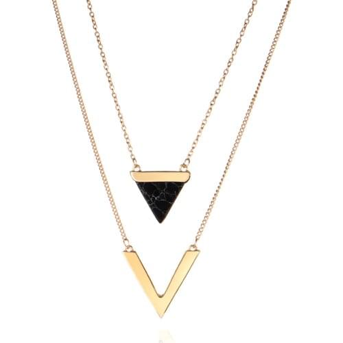 Natural Black White Stone Choker Necklace Women Gold Color Letter V Pendant Multi-layer Necklace Bijoux Collier Femme
